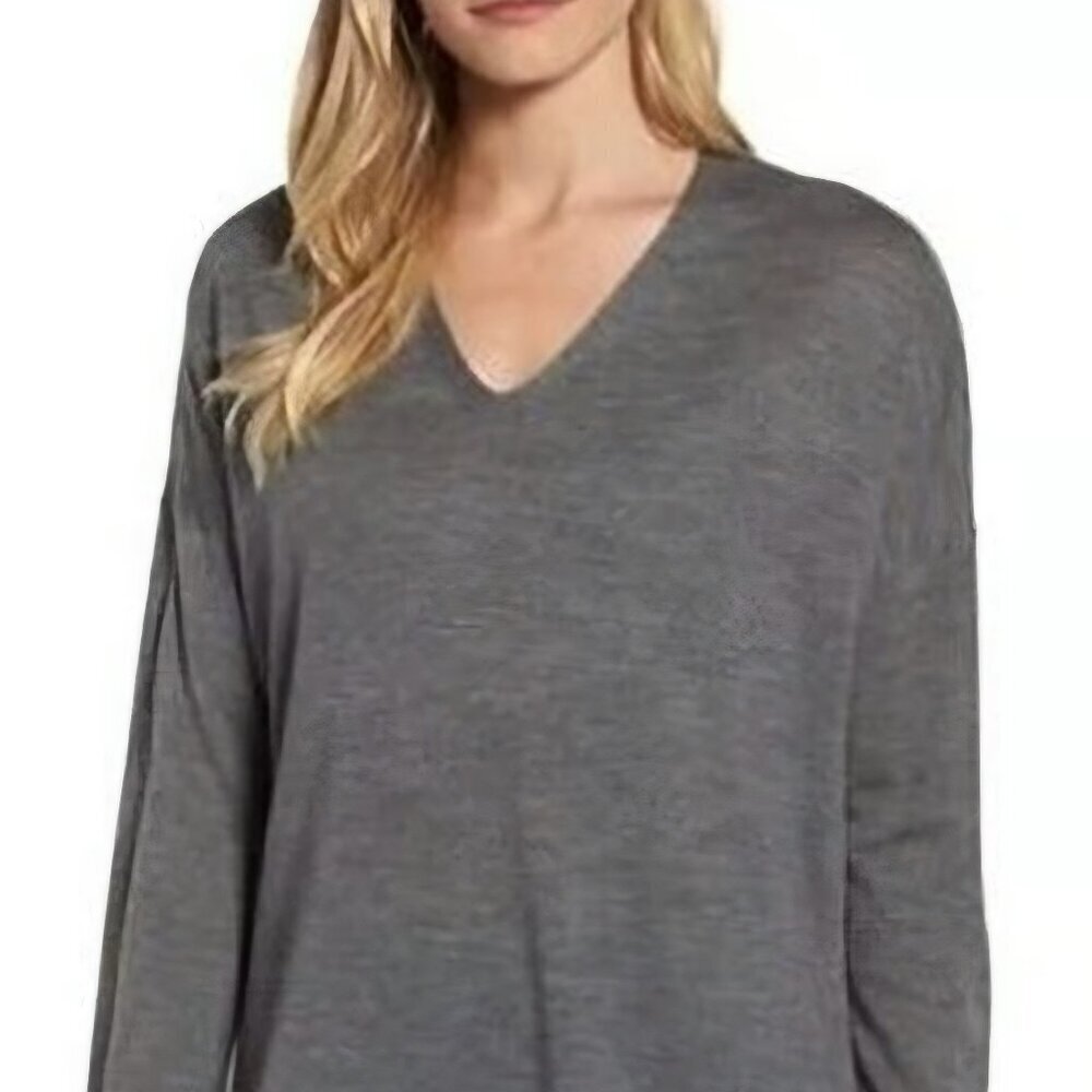 Eileen fisher linen silk Lightweight dark grey pullover Oversize v-neck Nuetral